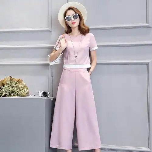 【爱妮时尚】套装裤女2016夏季新款韩版女装修身时尚七分裤两件套雪纺