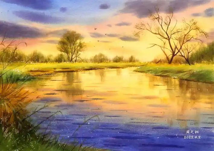 写意水彩风景黄昏湖畔