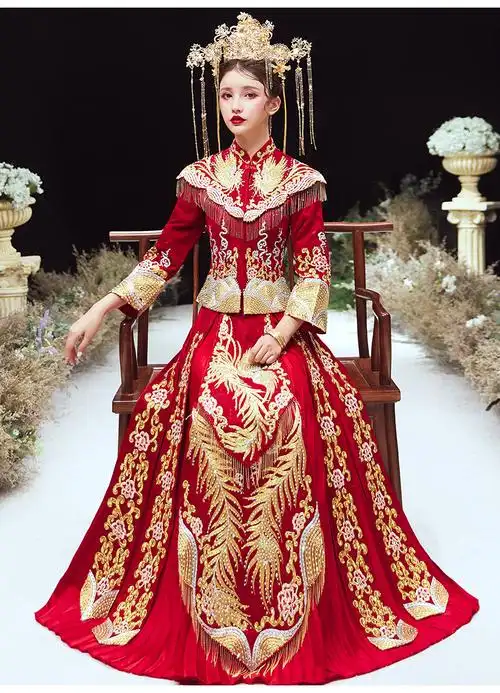 中式婚纱凤冠霞帔秀禾服新娘夏季婚服结婚嫁衣禾秀服女 无钻款【送】