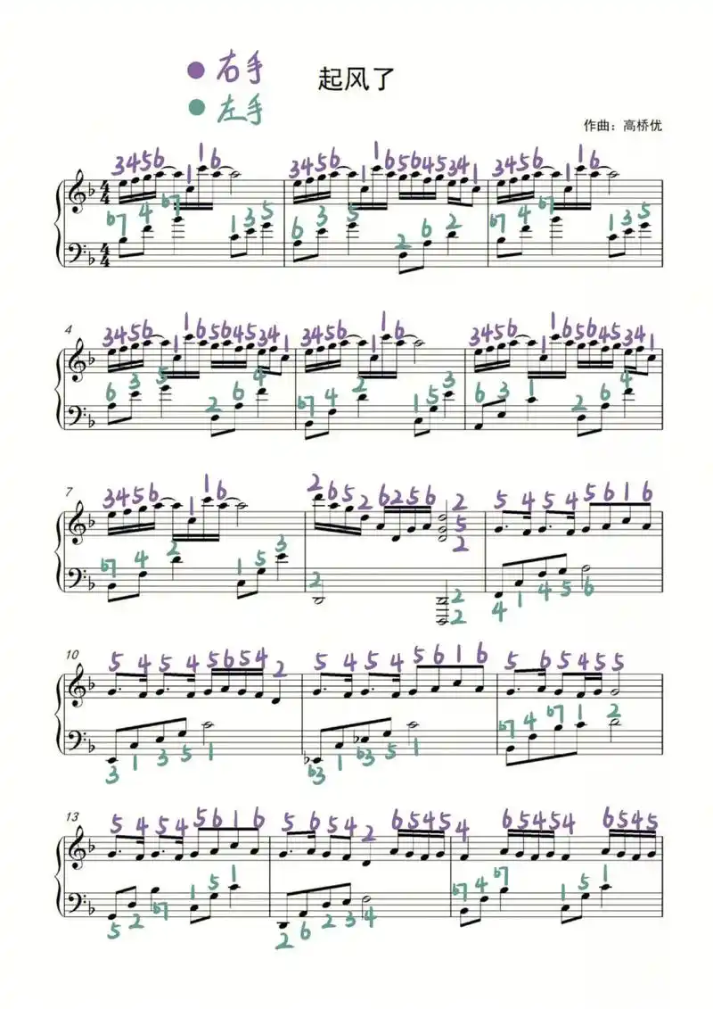 起风了钢琴谱附双手简谱调号降7