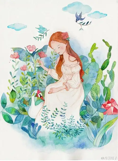 水彩画手绘女孩插画作者by香美蛋子