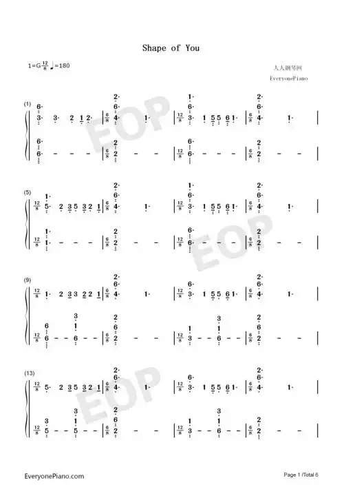 shape of you-演奏版双手简谱预览