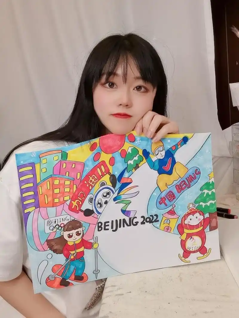 冬奥会主题画,冬季主题,运动会创意画 79滑雪儿童画|附原图|冰墩墩