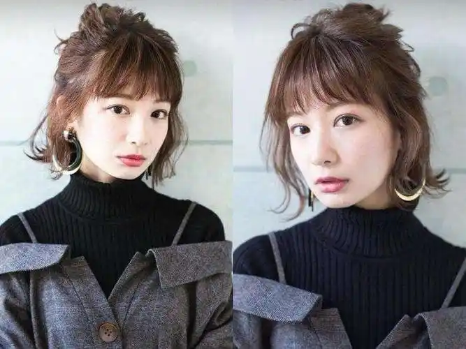 【齐耳短发半扎丸子头】