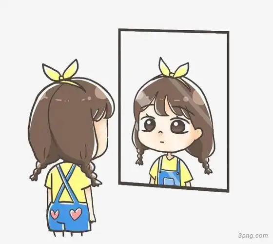 照镜子女孩png素材透明免抠图片-卡通手绘