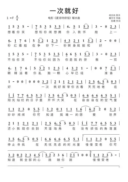 一次就好智能简谱电影《夏洛特烦恼》暖水曲-苍强曲谱