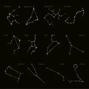 星座图图标,暗色背景上的黄色灯光轮廓.发光线和发光点照片