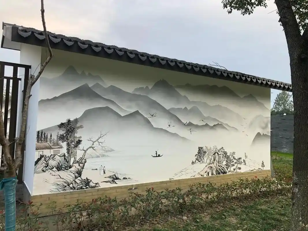分享室外国画墙绘#墙绘  #创意墙绘  #国画山水 # - 抖音