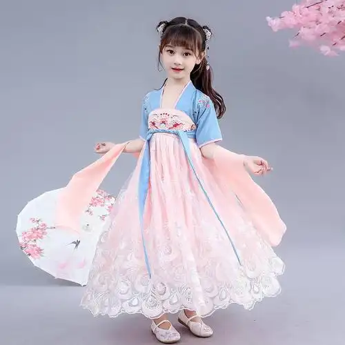 儿童汉服女童12岁春秋公主裙中国风齐胸襦裙飘逸超仙古风连衣裙女孩