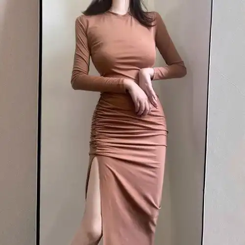 气质女人味修身包臀长裙女2021秋新款收腰显瘦侧边褶皱开叉连衣裙