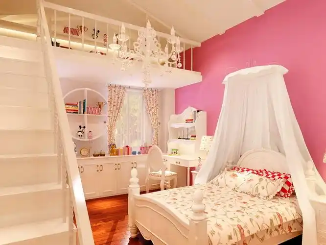 公主粉色,结合田园布艺床,这个空间想一个女孩的天堂!