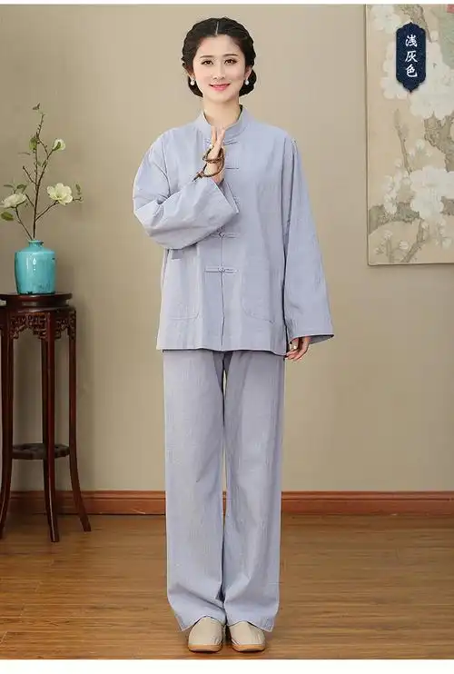 复邦 居士服女佛教衣服棉麻套装春秋季盘扣拜佛系衣禅意禅修服 藏青色