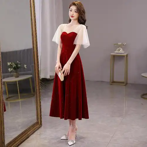 敬酒服新娘回门2021夏季新款结婚晚礼服酒红色平时日常可穿小个子