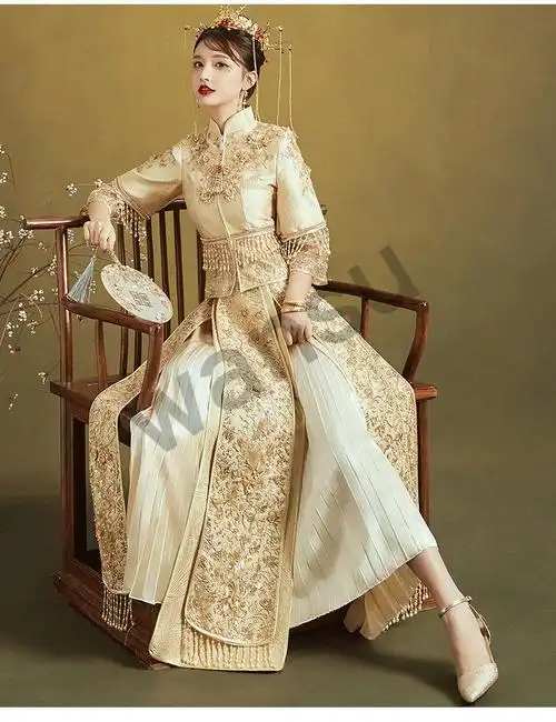 晚苏香槟色秀禾服新娘新款婚纱中式秀和服女结婚礼服金色秀禾孕妇红色