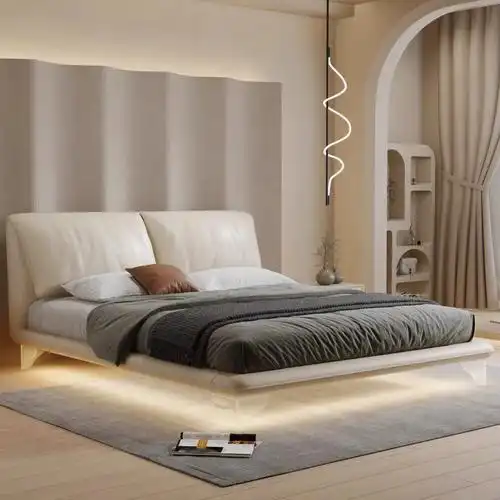 悬浮床意式轻奢双人羽绒靠背榻榻米带灯小户型实木框架悬空真皮床