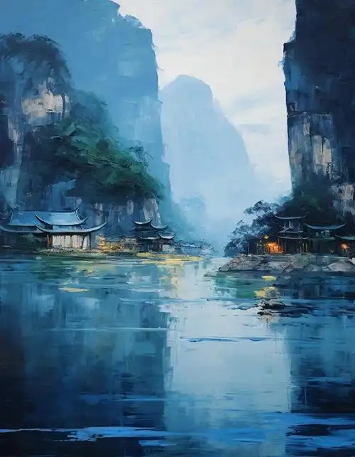 ai生成的一组风景绘画作品,以蓝色为主色调描绘了山水与亭台楼阁相应