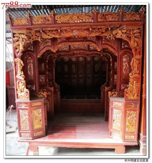 明清古典家具-金碧辉煌古旧镏金雕刻三进拔步床13857791050