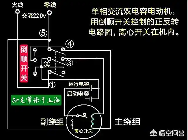 220v电动机带2个电容如何倒转?