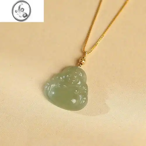 jimi弥勒佛和田玉项链女夏银银锁骨链玉石无事牌玉坠碧玉吊坠玉佛