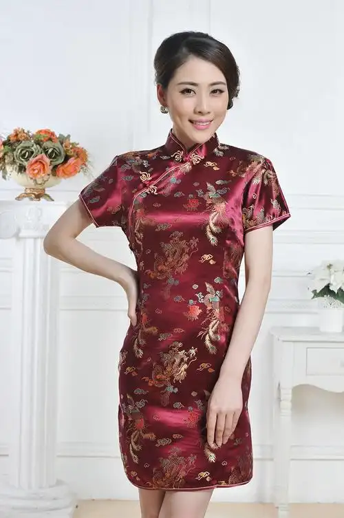 龙凤短旗袍 女士唐装夏装礼服斜襟短袖织锦缎演出服旗袍裙