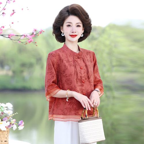 维萌兔妈妈七分袖新款衬衫大码棉麻亚麻上衣高端50岁中老年女装夏季