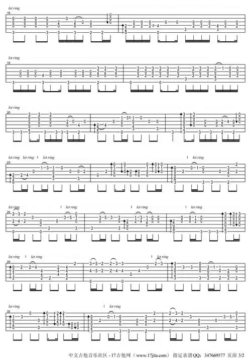 周杰伦 晴天指弹吉他谱卢家宏版_【免翻页浏览】_图片谱_17吉他网