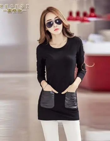 雷格施(regesi)2017春新款中长款口袋打底衫长袖包臀t恤女 黑色 s