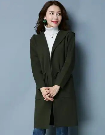 开衫中长款2018早秋装新款女装韩版宽松外搭纯色羊毛针织毛衣外套 军