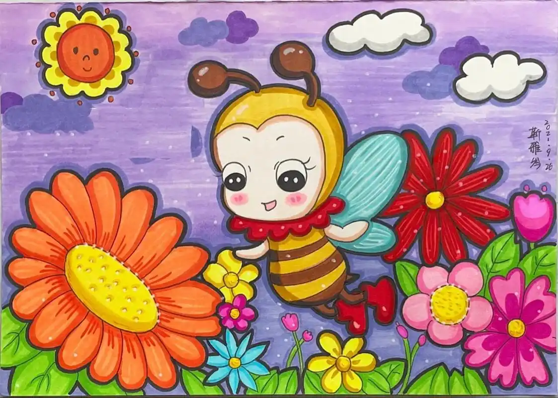 马克笔儿童画勤劳的小蜜蜂 马克笔儿童画卡通画简笔画主题画勤劳的小