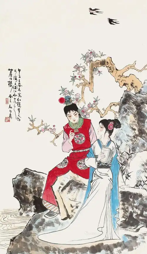 0212 甲子(1984)年作 宝玉黛玉 镜片(连框) 纸本设色