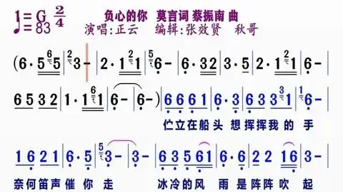 歌曲的动态简谱视频合集 正云演唱《负心的你》动态简谱