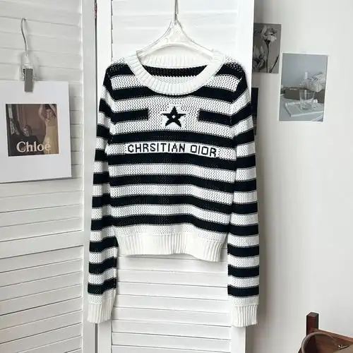 安斐欧娜2024新款法式镂空撞色条纹毛针织衫五角星字母提花女上衣