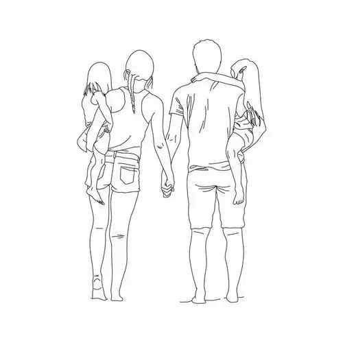手牵手的一家四口一家人爸爸妈妈抱着孩子手绘线条简笔画png图片免抠