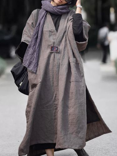 原创亚麻 深秋款厚实纹理加里衬粗犷颓废感披肩长袍风衣