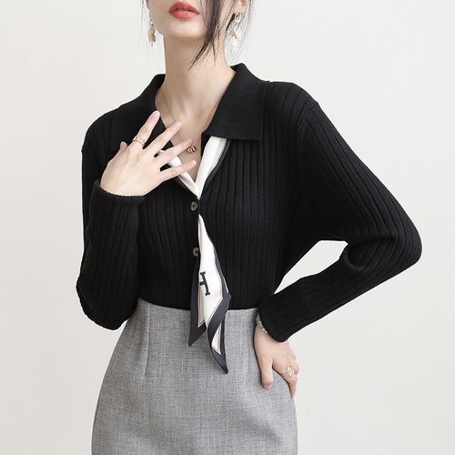 黑色长袖内搭打底毛衣v领修身法式针织衫女外套秋冬2022新款上衣