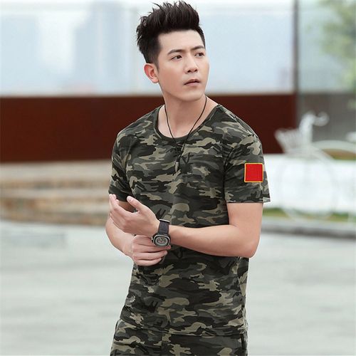 迷彩短袖加大男款纯棉夏季宽松剌绣中国红旗t恤