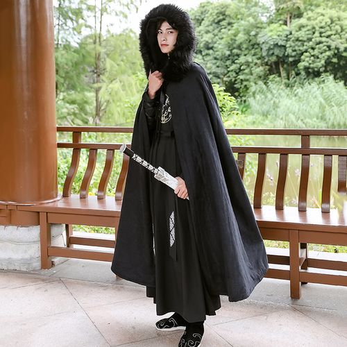 原创黑色汉服斗篷男秋冬长款加绒加厚连帽披风毛领中国风仙气古装