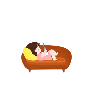 卡通噪点手绘躺在沙发上玩手机的小女孩