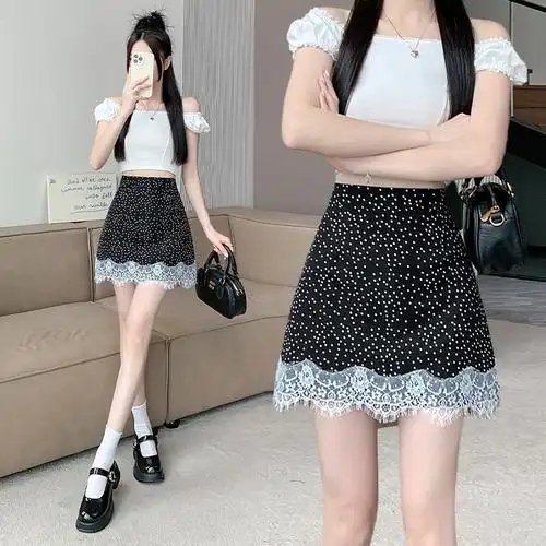 2024夏季新款通勤风气质波点蕾丝拼接a字百搭半身裙包臀裙短裙女