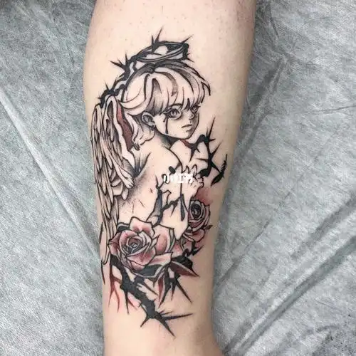 小腿天使纹身客人自带图