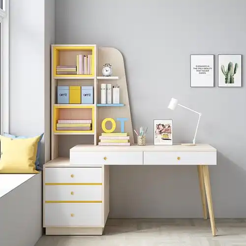 北欧书桌书架一体组合家用书柜青少年儿童学生写字台简约伸缩桌子