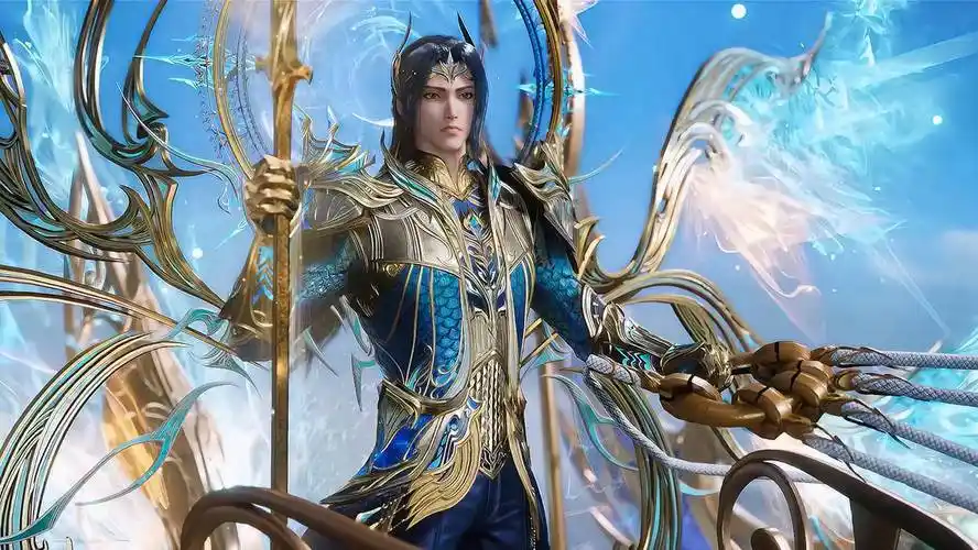 《斗罗大陆双神战双神》国漫男神唐三海神高清壁纸_出阵_三叉戟