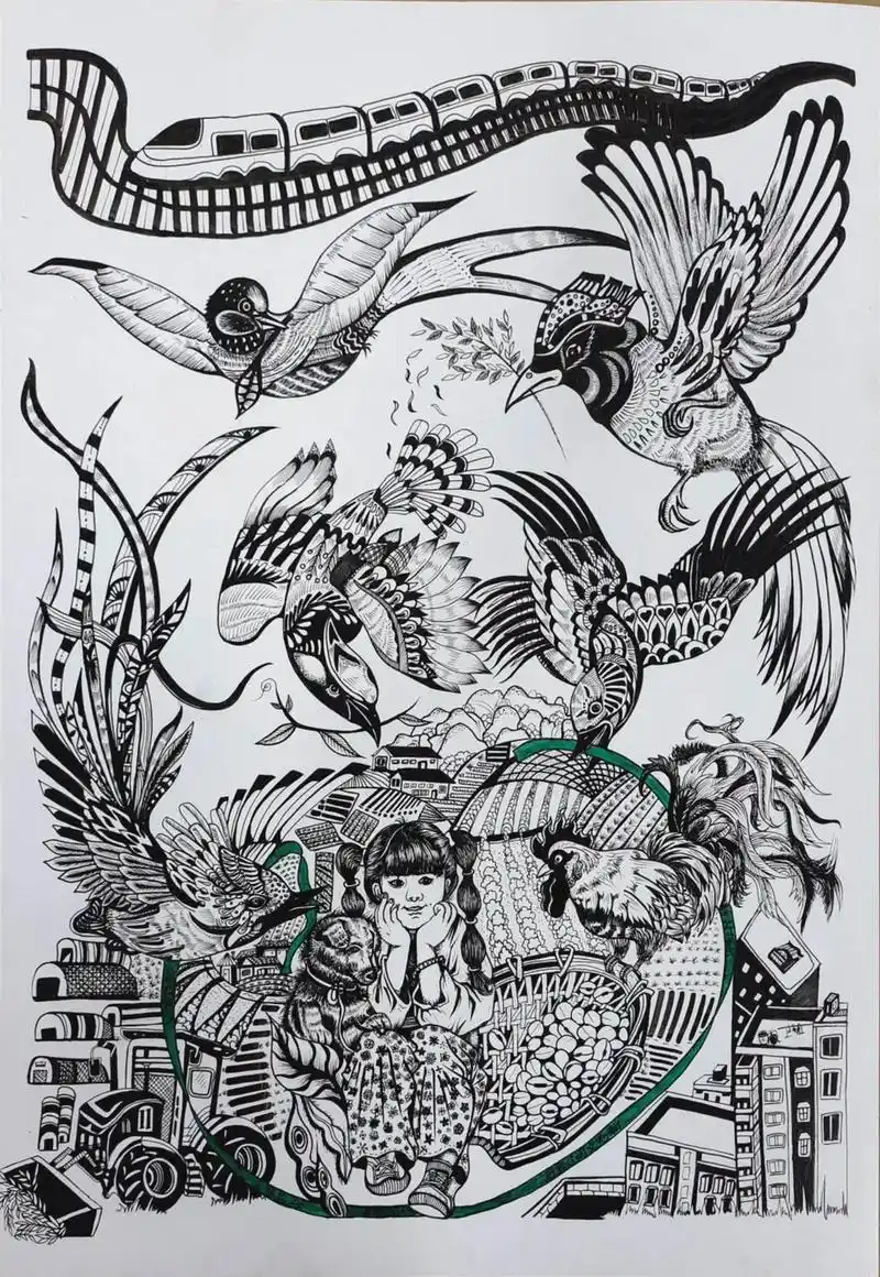 和谐乡村插画.乡村振兴黑白线描装饰画#手绘 #黑白线描画 - 抖音