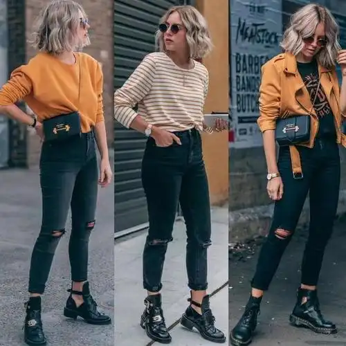 春天黑色牛仔裤,21套搭配不重样,上班休闲穿都很ok