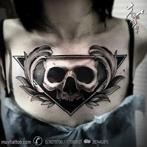 燕郊刺青【美女胸前欧美创意骷髅纹身】