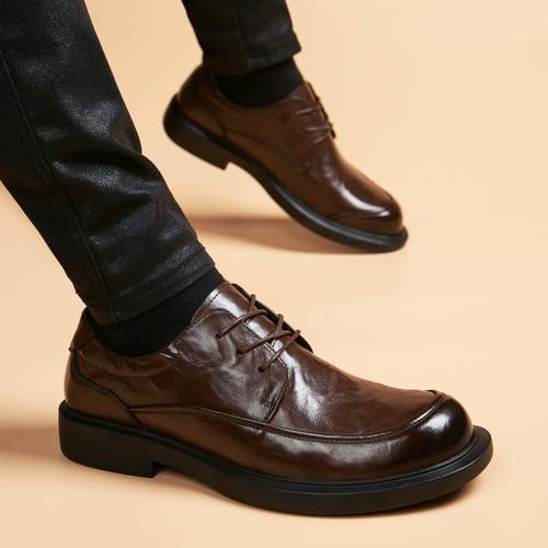 新款真皮透气皮鞋潮流休闲英伦商务正装男士男秋季内增高圆头皮鞋