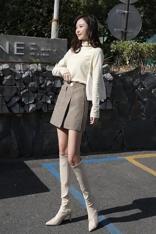 a字短裙短靴大长腿小个子秋冬这样穿搭准没错