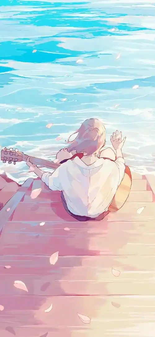 海边弹吉他的女孩插画手机壁纸