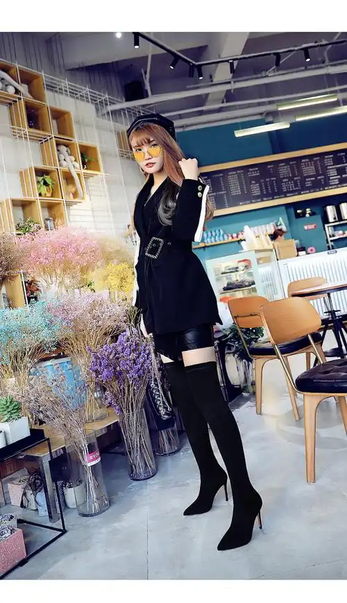 42码伪娘高跟女装变装时尚简约秋冬长靴细跟绒面性感夜店显瘦大码过膝