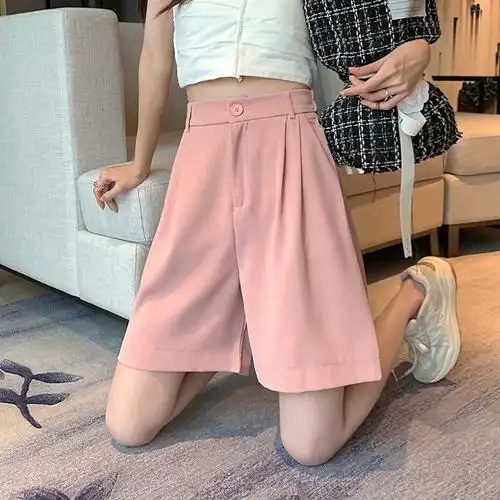 五分裤粉色裤子西装裤女直筒裤夏季宽松阔腿裤高腰休闲裤中裤短裤